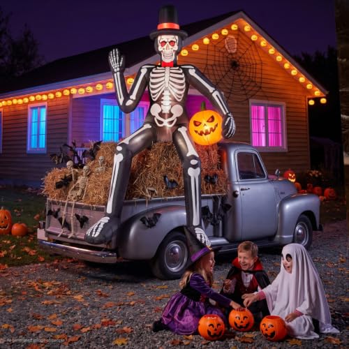 14FT Halloween Inflatable Sitting Skeleton with Pumpkin - Outdoor Yard Decor