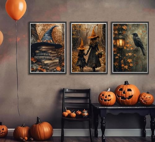 Halloween Canvas Wall Art Set - Autumn Gothic Witch Books Crows - 16 x 12 Inches - 3 Pieces