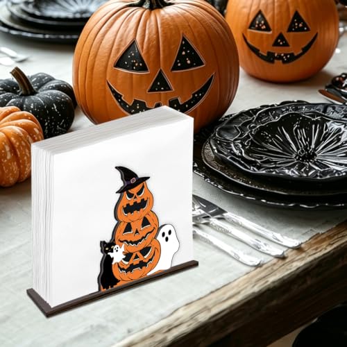 Halloween Pumpkin Ghost Cat Napkin Holder Decor Wooden Table Accessory