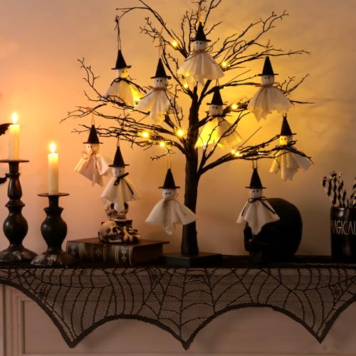 Halloween Lighted Artificial Tree with Ghost Ornaments - 27 Inch Indoor Decor