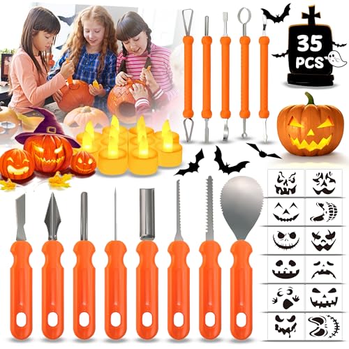 Halloween Pumpkin Carving Kit with Stainless Steel Tools & Candles - 35 Pieces for Kids & Adults