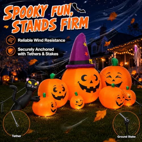 7FT Inflatable Halloween Pumpkin Family Decoration with Witch Hat and Black Cat