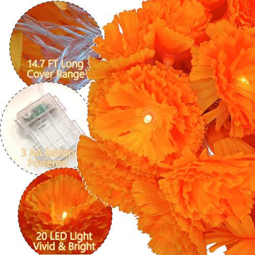 Day of The Dead Marigold Garland String Lights 10FT with 20 LED Bulbs