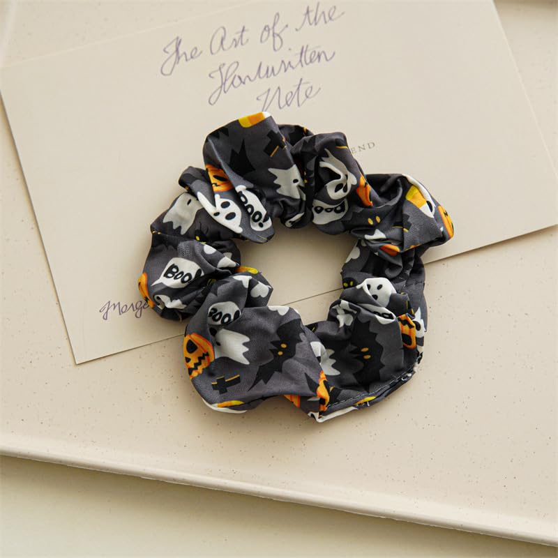 Halloween Spooky Ghost Pumpkin Bat Print Satin Hair Scrunchies - Set of 4 B