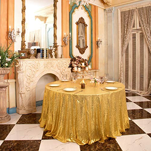 Amber Gold Sequin Round Tablecloth 120 Inch Sparkly Overlay for Weddings & Parties