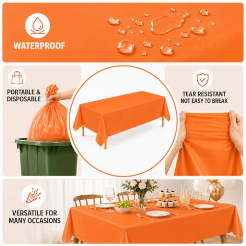 WNINK 3 Pack Orange Plastic Tablecloths - 54 x 108 Inch Disposable Cover