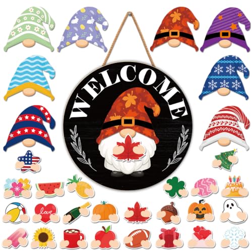 Black and White Interchangeable Gnome Welcome Sign for Fall Halloween Porch Decor