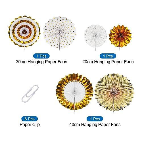 Hanging Paper Fans Party Decor Set 6Pcs Gold White Round Pattern for Events & Celebrations