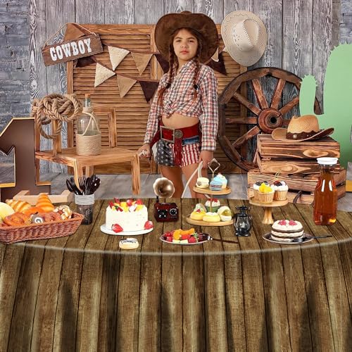 9 Pcs Wooden Grain Round Tablecloths - Western Cowboy Party Decor - 84x84in - Variation 9