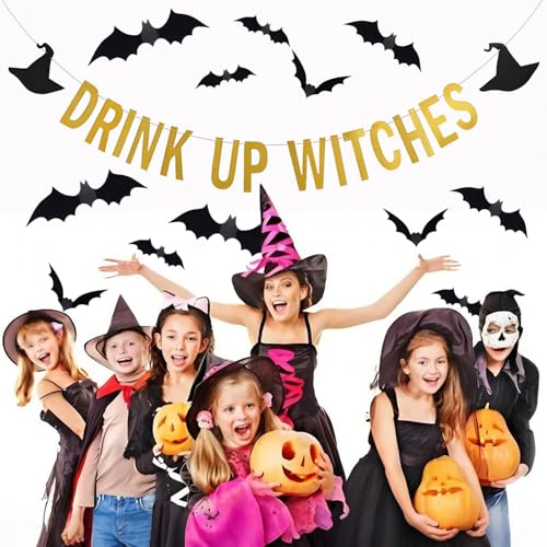 Halloween Banner with Bat Stickers - Gold Drink Up Party Decorations Indoor