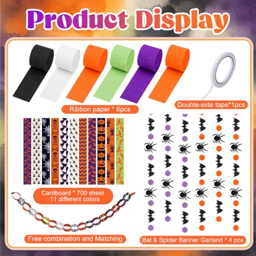 Halloween Paper Chain Set with Spider Bat Garlands - 700 Sheets, Patterned Decor, Printed Halloween 700Pc