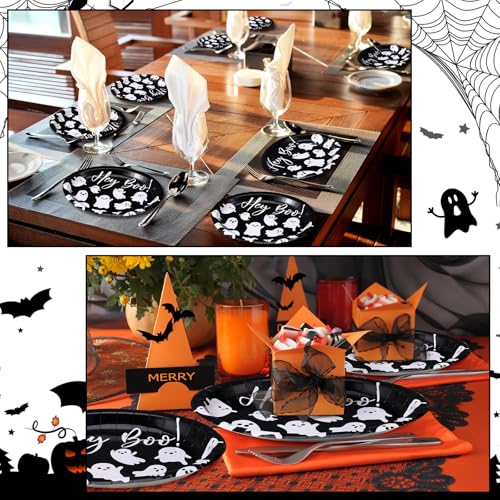 Hey Boo Halloween Paper Plates 11 Inch Ghost Oval Disposable Party Tableware - 50 Pack