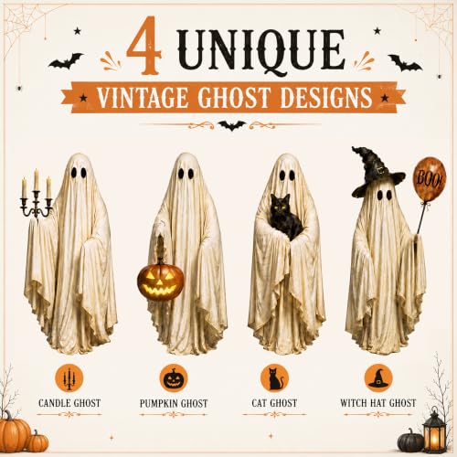 Reusable Vintage Halloween Ghost Window Clings - 4 Large Spooky Decal Sheets