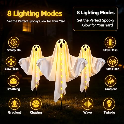 3-Pack Solar Halloween Ghost Pathway Lights with Adjustable Arms - Warm White, Waterproof, 25 Inches Tall