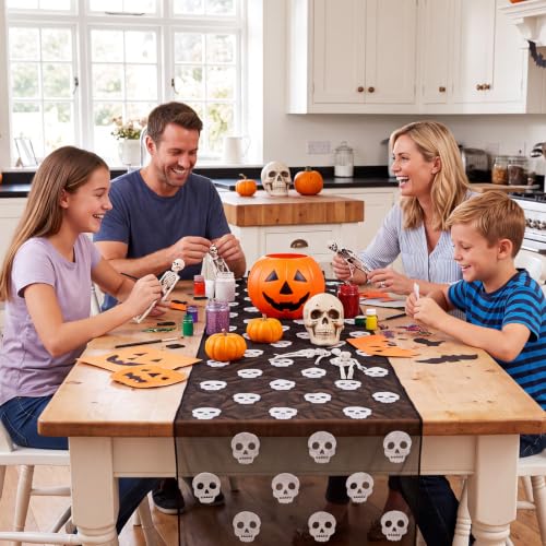 Halloween Skeleton Table Runner 10 ft Mesh Tulle with Embroidered Skull Design - 3 Pack - Black & White