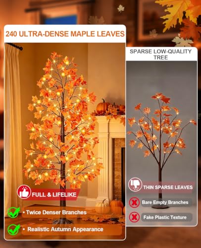6 Ft Prelit Fall Maple Tree with 135 LED Lights, Timer & Remote Control - Indoor Outdoor Decor
