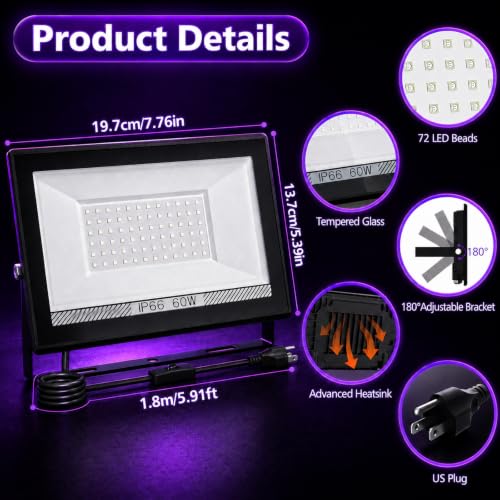 60W LED Black Light Flood Light - Waterproof UV Party Lighting, 2 Pack