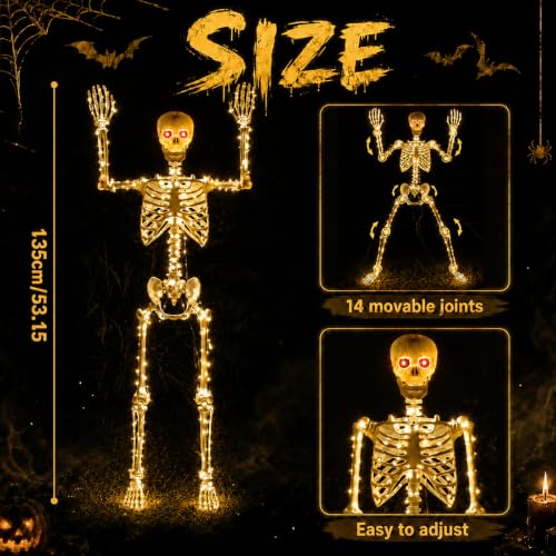 Starweeks White Light-Up Skeleton Halloween Decoration - 53 Inches, Poseable Full Body, Indoor Outdoor Yard Porch Decor