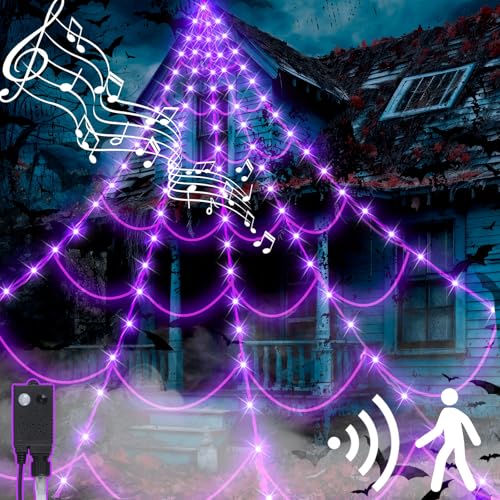 17FT Spider Web Halloween Decoration with Motion-Activated Purple LED Lights