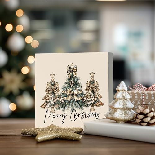 DAYOUER Coquette Leopard Bow Christmas Tree Wooden Sign - Beige 2