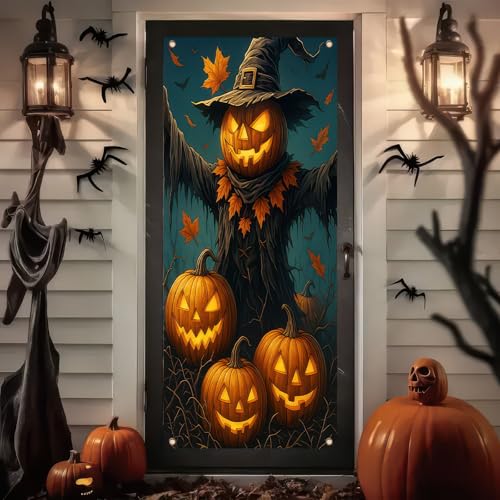 Halloween Pumpkin Scarecrow Door Cover - 35x71 Inch Polyester, Pumpkin Scarecrow Variation