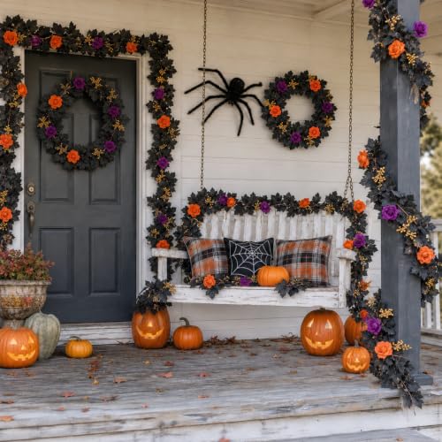 Halloween Garland 2 Pack - Purple Orange Roses with Gold Berries & Black Vines