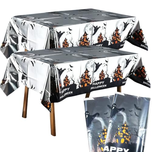 White Halloween Disposable Tablecloth 54x72 Inch with Castle & Ghost Pattern - 2 Pack