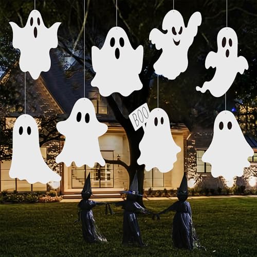 8PCS Halloween Ghost Yard Signs Outdoor Decor with Stakes and Hanging Options