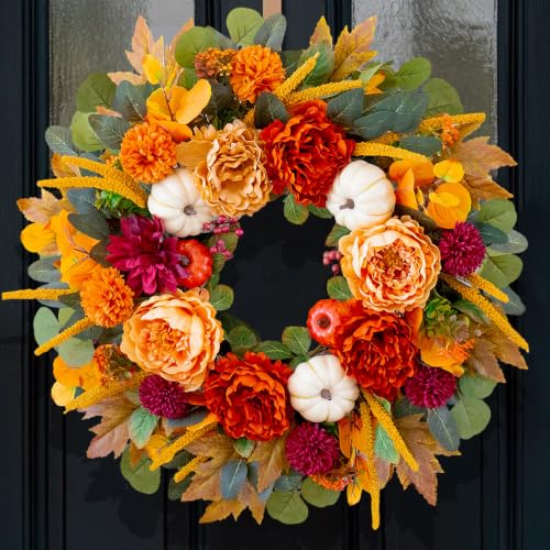 Fall Peony Wreath - 24 Inch Autumn Front Door Wreath with Orange Peony & Burgundy Dahlias