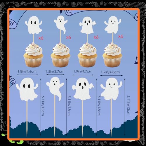White Ghost Halloween Cupcake Toppers - 24 Pcs Glitter Cake Picks for Party