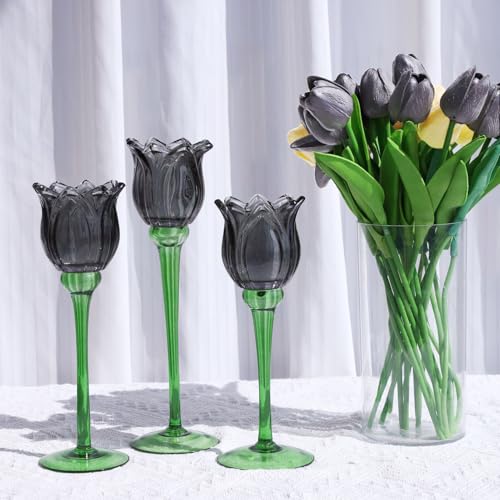 VOHO Black Flower Tealight Candle Holder Set of 3 - Halloween Theme, Votive & Tea Light Sizes, Black Tulip Design (Variation: Black / 3)