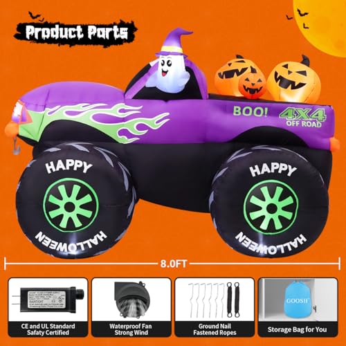 8 FT Halloween Inflatable Monster Truck with Ghost & Pumpkins Outdoor Decor