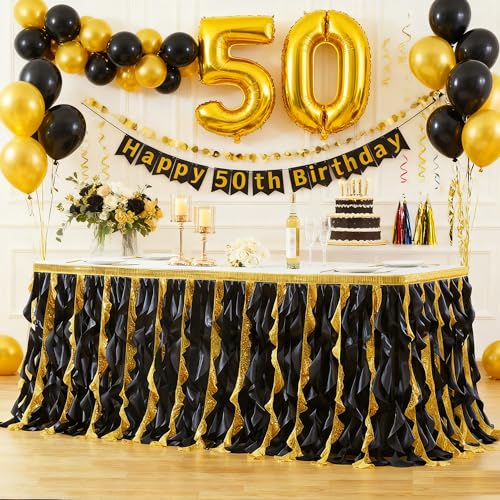 Black Gold Sequin Table Skirt for 72x30 Inch Rectangle Tables - 6ft Tutu Fringe Decor