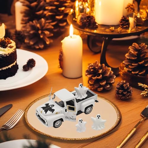 Farmhouse Halloween Truck Decor with Ghost Figurines - White, Indoor Use
