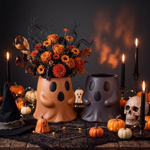 Halloween Ghost Buckets - Terracotta & Black Decor, 6 Inch, Set of 2