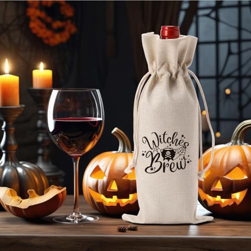Halloween Wine Bag Brew - Witch Decor Gift Bag for Wine Lovers, Reusable Linen