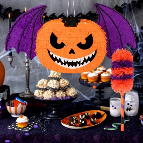 Halloween Pumpkin Bat Piñata Set with Stick, Blindfold & Confetti – Kids Party Decor & Trick-or-Treat Favors - Variation of THIS listing