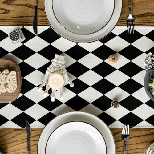 Black Beige Diamond Plaid Table Runner 13x72 Inch Seasonal Halloween Decor