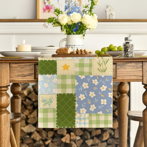 Green Patchwork Buffalo Plaid Floral Table Runner 13x120 Inch Spring Home Decor