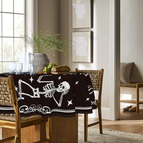 Halloween Tablecloth 60x60 Inch Round Skeleton Skull Spooky Design - Black