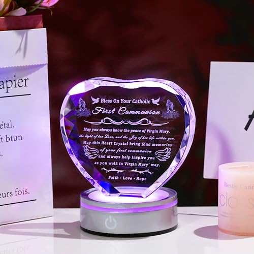 First Communion Gifts for Boys & Girls - 3D Engraved Crystal Praying Boy & Virgin Mary Figurine with Heart Variation