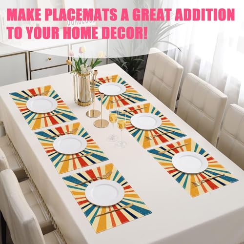 Boho Sun Placemats Set of 6 - Rainbow Linen Table Mats for Summer & Spring
