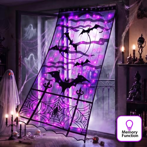 Halloween Door Cover Lights - Purple Bat Design, 6.5x3.2ft with 140 LEDs & 8 Lighting Modes