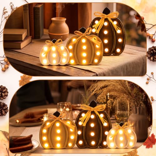 Lighted Pumpkin Decor Set - Brown Farmhouse Fall Thanksgiving Halloween