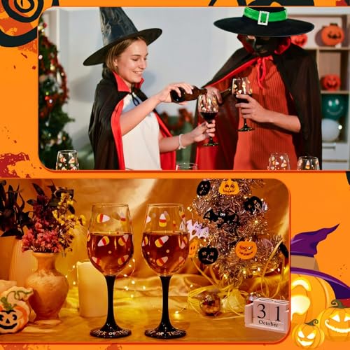 Halloween Candy Corn Stemmed Wine Glasses Set - 2 Pcs, Hand Painted, Festive Drinkware