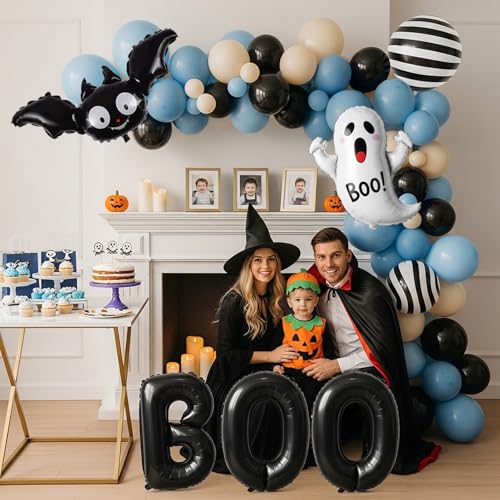 Blue Halloween Trunk or Treat Car Decorations with Ghost & Bat Foil Balloons - Halloween Blue Black