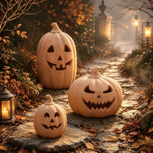 Halloween Terracotta Pumpkin Lanterns Set - Spooky Decor for Indoor & Outdoor