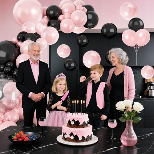 Pink Black Balloon Arch Kit - Double Stuffed Pearl Pink & Black Balloons - Variation of Pink Black