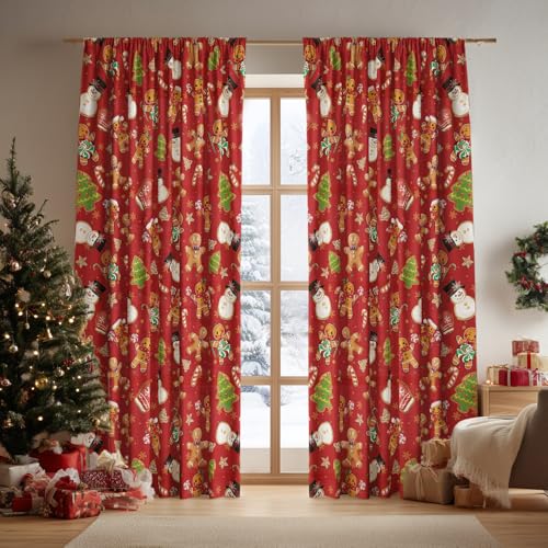 Red Sheer Christmas Curtains 52x63in - Pack of 2 Gingerbread Snowman Decor
