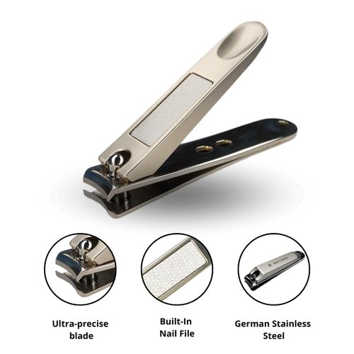 Beauty Power Nail Clippers Set 3 in 1 - Stainless Steel Toe Nail Clippers, Fingernail Clipper, Glass Nail File, Anti Splash, Ergonomic Grip in Black PU Leather Travel Case for Men & Women - Gift Idea